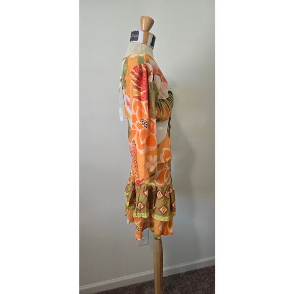 Z&L Orange Delia Boho Print Bubble 3/4 Sleeves Mini Dress Sz Small (0962) - Picture 2 of 5